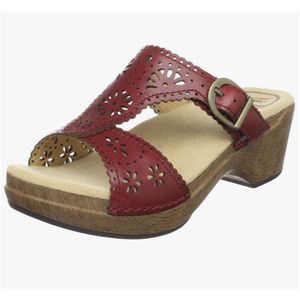 Dansko Red Leather Laser-Cut Slide Sandal with Wood-Look Heel